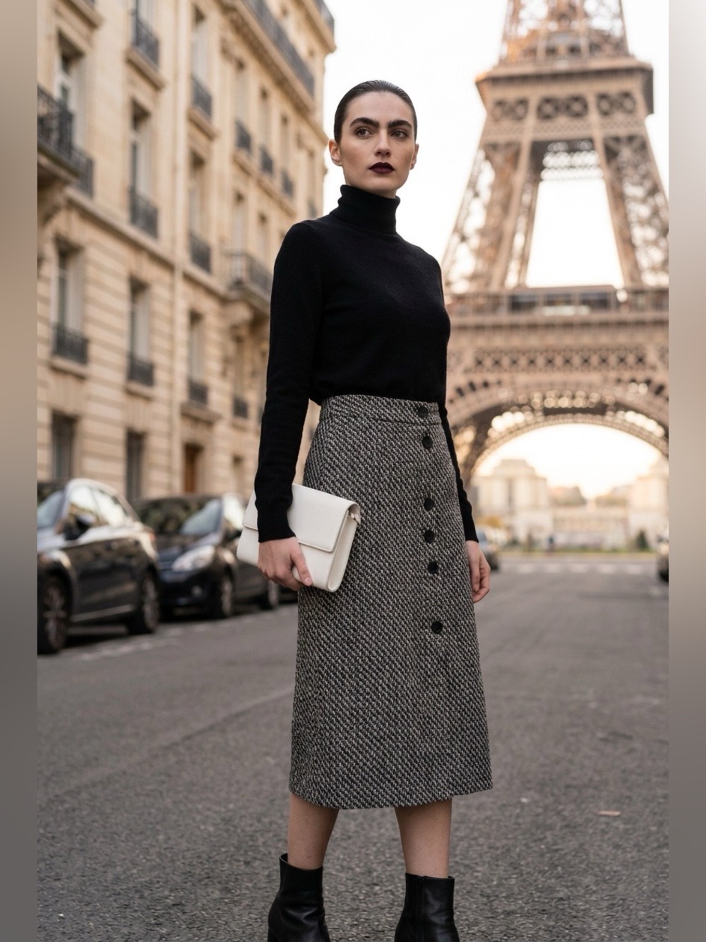 Commense Black/White Herringbone Mock Buttons Midi Skirt